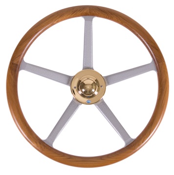Typ 11 - 6-Speichen-Steuerrad mit Speichen aus Aluminium, hoop Teakholz und Messing-Kapp